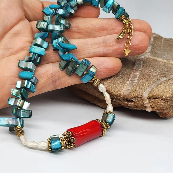 FP Ariana Ost Rare Designer Necklace Natural Coral Pearl Mother Of Pearl Stone - Picture 3 of 15